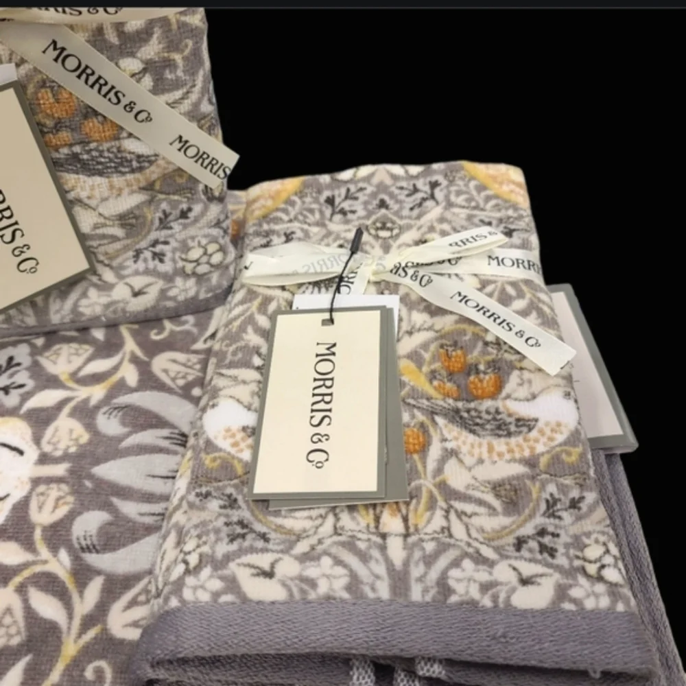 6pc Morris & Co Strawberry Thief Bird & Floral Velour Bath Hand Tip Towel Set